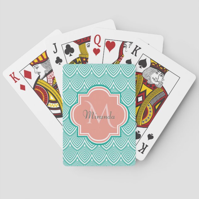 Turkos Grön Art Deco Fiskfjäll Rosa Monogram Namn Kortlek (Baksidan)