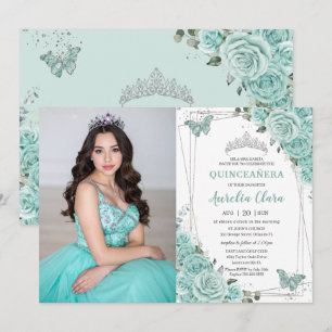 Turkos Grön Blommig Fjärilar Quinceanera 15 Inbjudningar