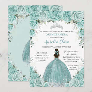 Turkos Grön Blommig Prinsessa Silver Quinceañera Inbjudningar