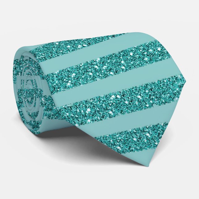 Turkos Grön Glitter Stil Horisontella Ränder Slips (Rullad)