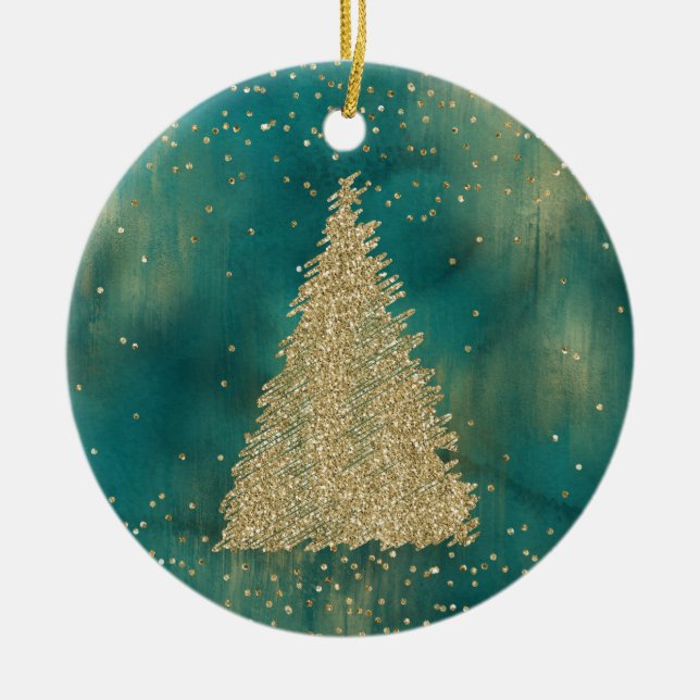 Turkos Grön Guld Glitter Julgran   Julgransprydnad Keramik (Framsidan)