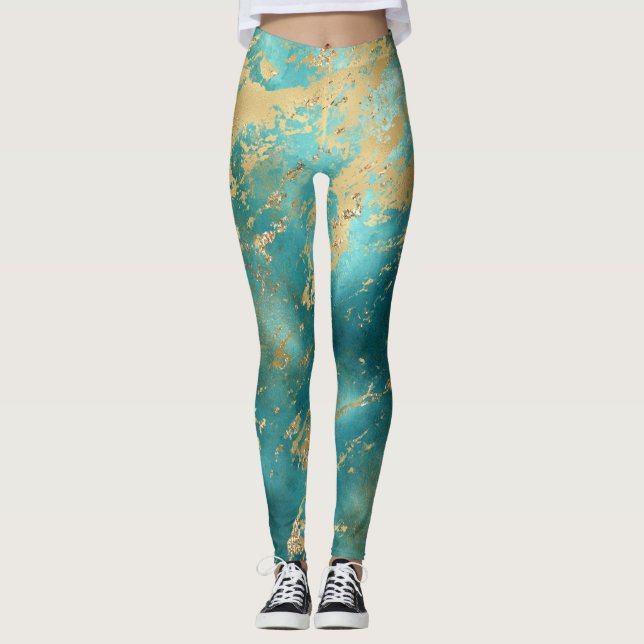 Turkos Grön Guld Marmor Abstrakt Modern  Leggings (Framsida)