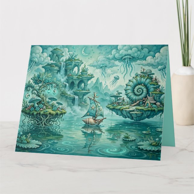 Turkos Grön Sjölandskapsdröm Surreal Fantasi Kort (Framsida)