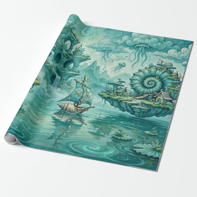 Turkos Grön Sjölandskapsdröm Surreal Fantasi Presentpapper (Utrullad)