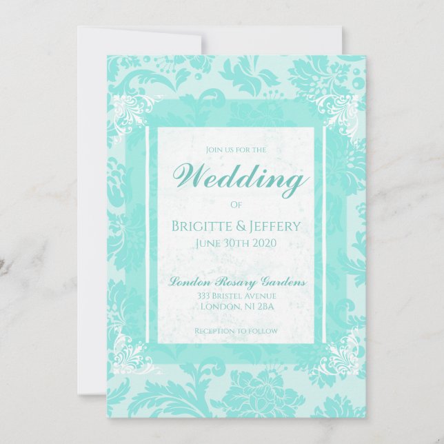 Turkos grön vintage damasktryck inbjudan (Framsida)