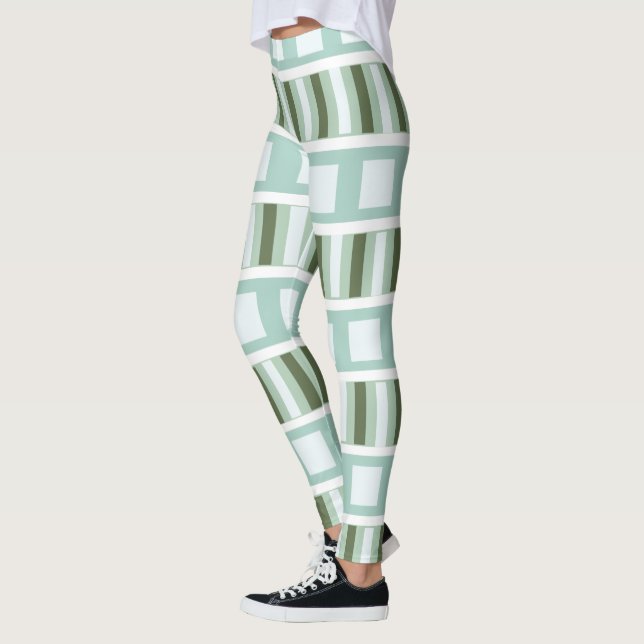 Turkos Gröna Fyrkantiga Ränder  Leggings (Vänster)