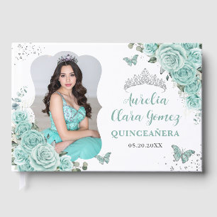 Turkos Gröna Rosor Blommig QUINCEAÑERA 16 Foto Gästböcker