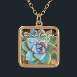 Turkos Grönt Cactus Bloom where Planed Quote Guldpläterat Halsband<br><div class="desc">Jag har alltid kärlek cacti, som frodas i det svåraste av villkor och skrämmer dig med deras skönhet. Följ deras ledband och "blomma där du är planterad" när du bäror den här häpnadsväckande charmbildens närbild av en mynta grönt och turkos, blomkaktus. Detta halsband är i små, medelstora och stora storlekar,...</div>