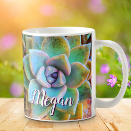 Turkos grönt cactus foto monogram namn-skript kaffemugg