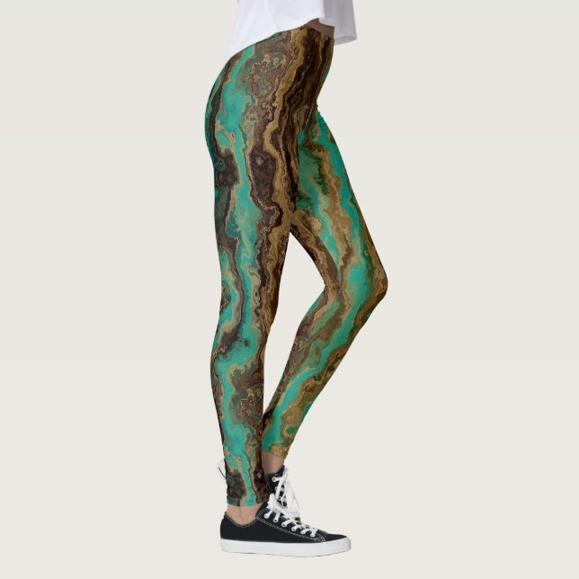 Turkos grönt och brun marmor Abstrakt Leggings (Höger)