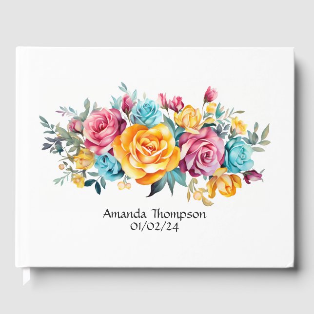 Turkos, gul och rosa blombröllop gästböcker (Framsida)