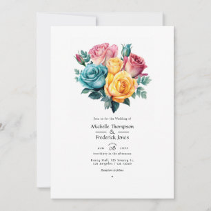 Turkos, gul och rosa blombröllop inbjudningar
