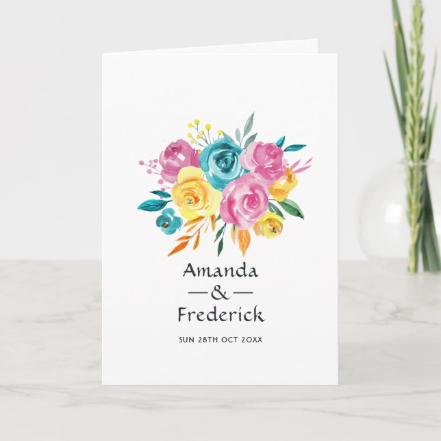 Turkos, gul och rosa blombröllop program (Framsida)