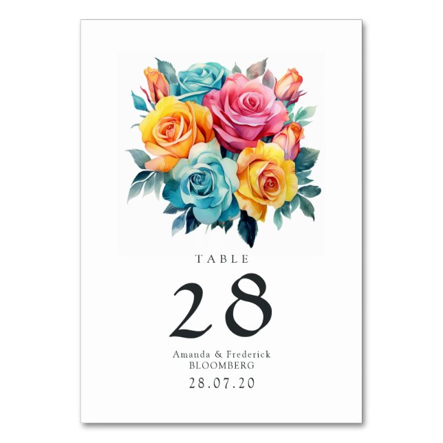 Turkos, gul och rosa blommig bröllop bordsnummer (Framsidan)