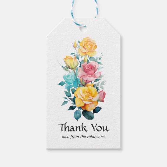 Turkos, gul och rosa blomsterbröllop presentetikett (Framsidan)