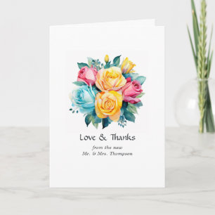 Turkos, gul och rosa blomsterbröllopsfoto tack kort