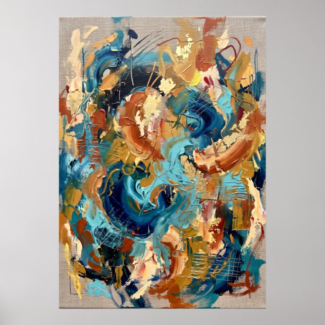 Turkos Guld Abstrakt Expressionist Affisch (Framsidan)