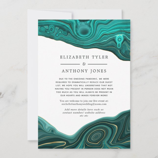 Turkos & Guld Agate Reduced Bröllop Guest List Meddelande (Framsida)