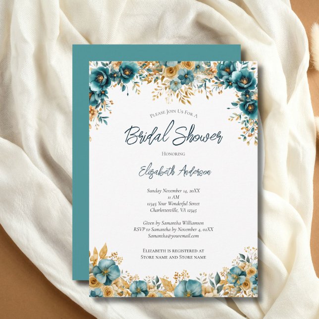 Turkos Guld Akvarell Blommig Bröllopsdusch Inbjudningar (Teal Gold Watercolor Florals Bridal Shower invitation. Printed or Digital Download)