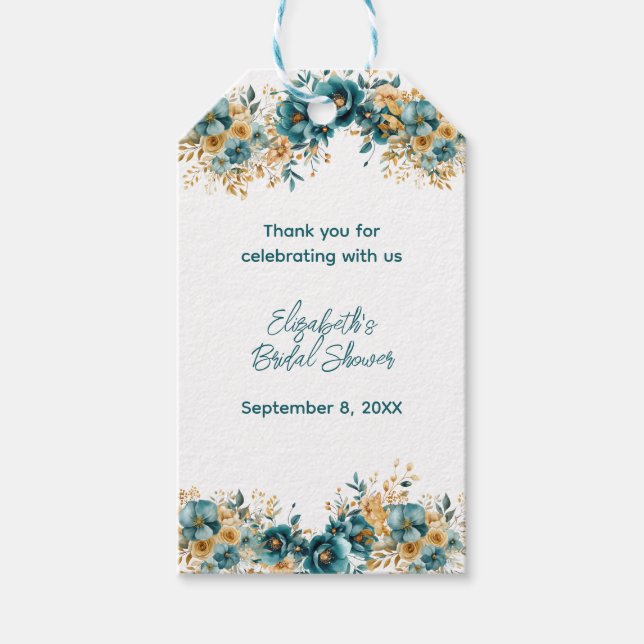 Turkos Guld Akvarell Blommig Bröllopsfest Presentetikett (Framsidan)