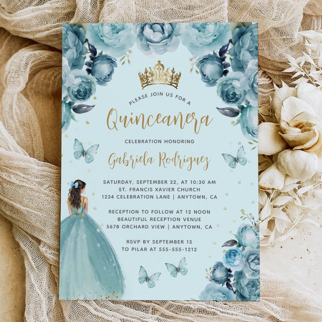 Turkos Guld Blommig Akvarell Quinceañera Inbjudningar (Skapare uppladdad)
