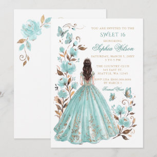 Turkos Guld Blommig Fjäril Prinsessa Sweet 16 Inbjudningar