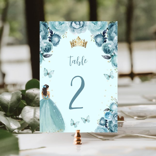 Turkos Guld Blommig Princess Quinceañera Bordsnummer (Skapare uppladdad)