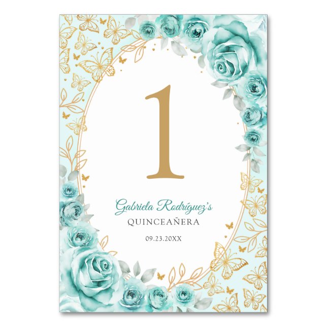 Turkos Guld Blommig Quinceanera Bordsnummer (Framsidan)