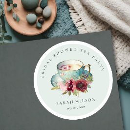 Turkos Guld Blommig Tekop Bröllopsdusch Te-fest Runt Klistermärke