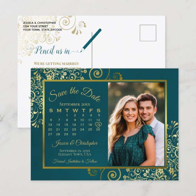 Turkos & Guld Bröllop Spara Datum-kalender & Foto Meddelande Vykort (Fram/baksida)