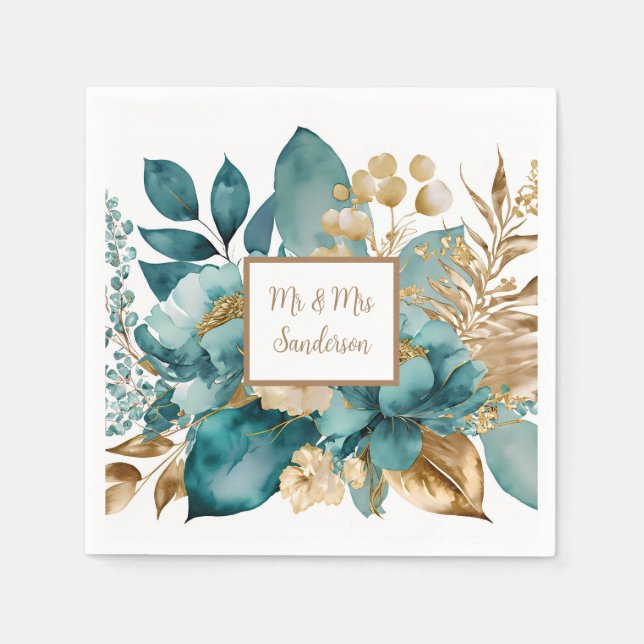 Turkos & Guld Bröllopsblommor Pappersservett (Framsidan)