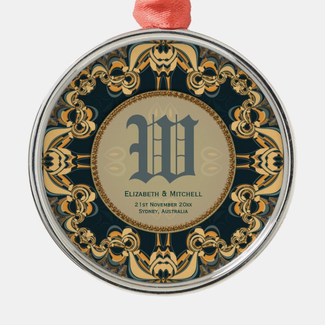 Turkos Guld Dekorativ Spets Monogram Minnessak Julgransprydnad Metall (Framsidan)