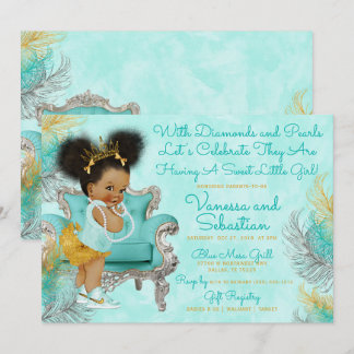Turkos Guld Feather Baby Shower Inbjudningar