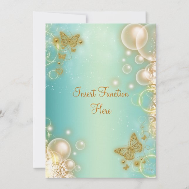 Turkos guld fjäril bröllopsförlovning inbjudningar (Framsida)