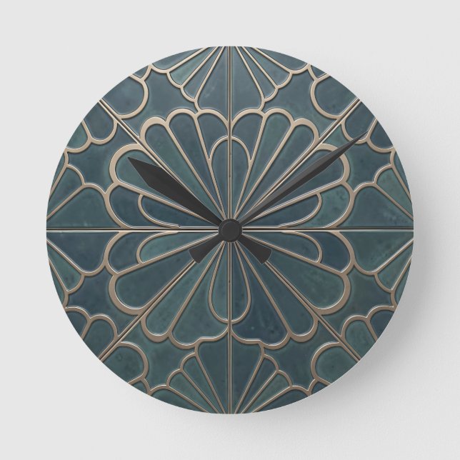 Turkos Guld Fläkt Mönster Art Deco Geometrisk Rund Klocka (Framsida)