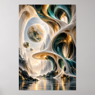 Turkos Guld Flytande Sfärer Organisk Arkitektur Su Poster