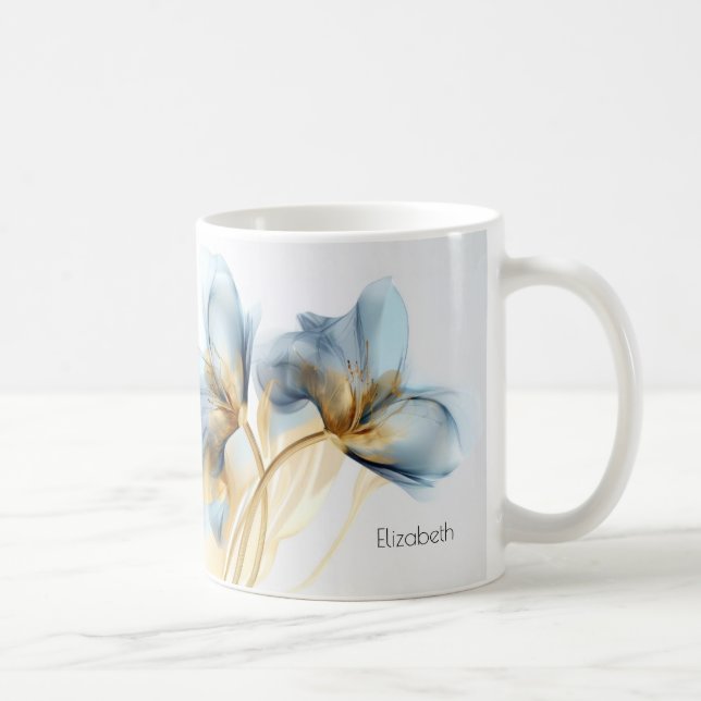 Turkos Guld Genomskinlig Dimmig Blomma | Ditt Namn Kaffemugg (Höger)