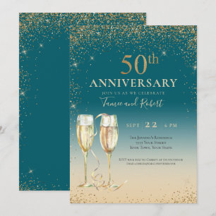 Turkos Guld Glitter Champagne 50-årsjubileum Inbjudningar