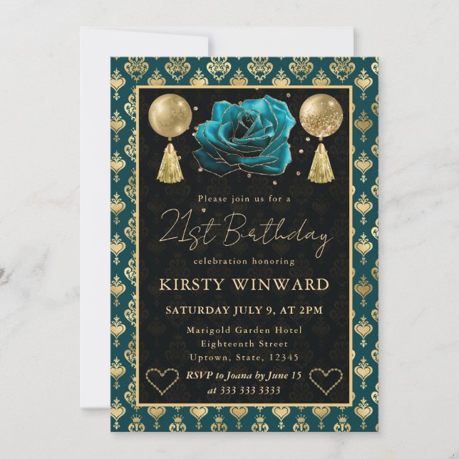 Turkos & Guld Hjärt-Damask & Ros 21-årsdag Inbjudningar (Framsida)