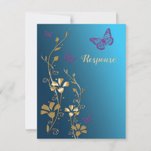 Turkos, Guld, Lila Blommor och Fjärilar RSVP OSA Kort