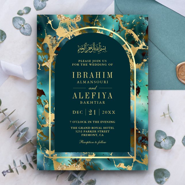 Turkos Guld Marble Båge Muslim Bröllop Inbjudningar (Skapare uppladdad)