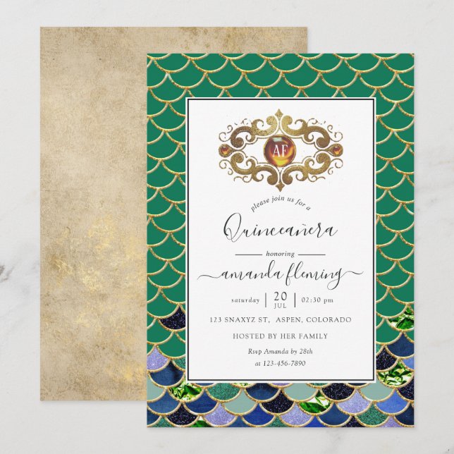 Turkos & Guld Monogram Ädelsten Mermaid Quinceañer Inbjudningar (Fram/baksida)