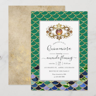 Turkos & Guld Monogram Ädelsten Mermaid Quinceañer Inbjudningar