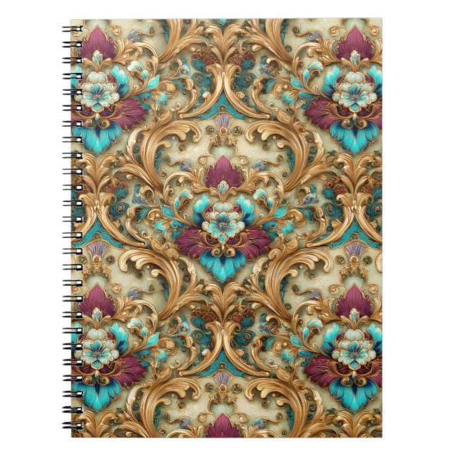 Turkos & Guld Ornamenterad Damask Anteckningsbok (Framsidan)