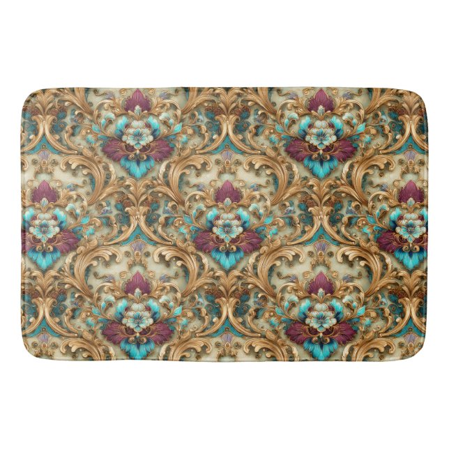 Turkos & Guld Ornamenterad Damask Badrumsmatta (Framsidan)