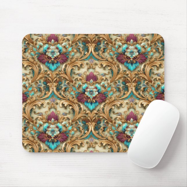 Turkos & Guld Ornamenterad Damask Musmatta (Med mus)