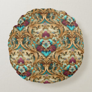 Turkos & Guld Ornamenterad Damask Rund Kudde