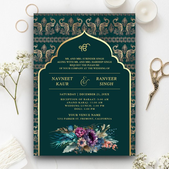 Turkos Guld Påfågel Anand Karaj Sikh Bröllop Inbjudningar (Skapare uppladdad)