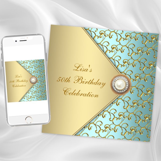 Turkos Guld Pärla Kvinnas 50-årsfest Inbjudningar (Teal gold jewel any occasion invitation. Instant download and printed invitations available.)