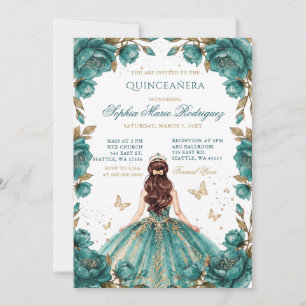 Turkos Guld Prinsessa Blommig Tiara Quinceañera Inbjudningar